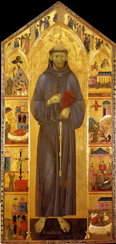 Guido di Graziano : Saint François. Après 1270. Tempera et or sur panneau, 237 x 113 cm. Sienne, Pinacothèque Nationale