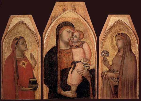 Ambrogio Lorenzetti : Madone et enfant avec Marie Madeleine et sainte Dorothée. Vers 1325. Bois, 90 x 53 cm. (Panneau central), 88 x 39 cm. (Chaque panneau latéral). Sienne, Pinacothèque Nationale