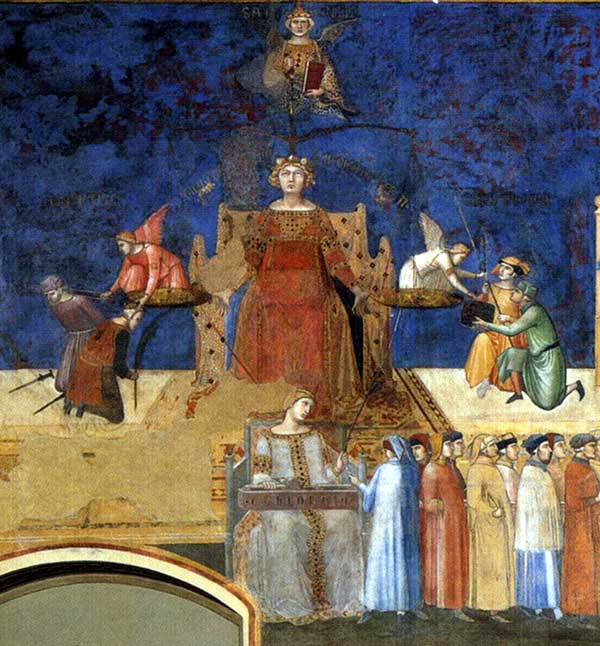 Ambrogio Lorenzetti : Les effets du bon gouvernement : vue de la partie gauche. 1338-1340.Fresque. Sienne, Palais Public