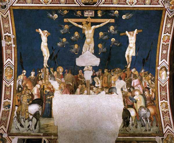 Pietro Lorenzetti : Crucifixion. Vers 1320. Fresque. Assise, église inférieure saint François, transept sud