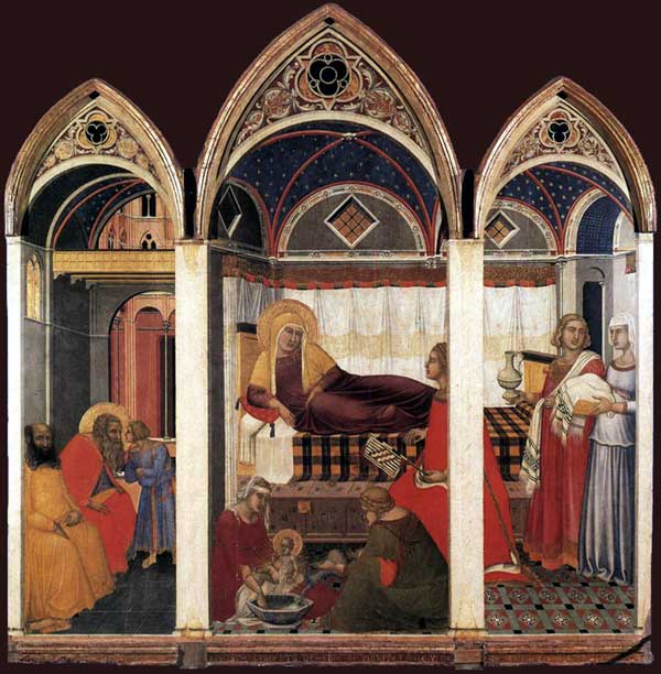 Pietro Lorenzetti : La naissance de Marie. 1342. Tempera sur bois, 188 x 183 cm. Sienne, musée de l’œuvre du Dôme