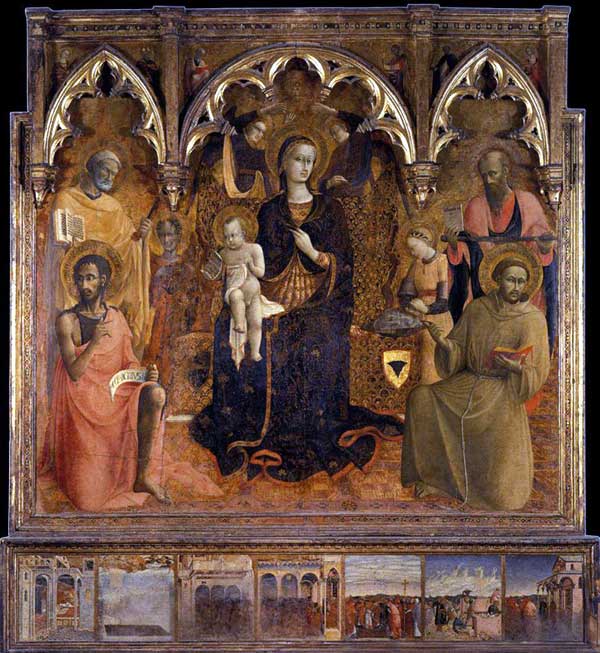 Sassetta : La vierge à l’enfant et des saints. 1430-1432. Tempera sur panneau, 240 x 216 cm. Florence, Palazzo Pitti, Collection Contini Bonacossi