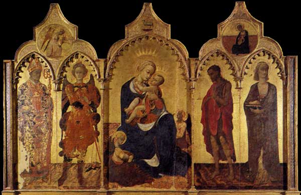 Sassetta : Vierge à l’enfant et quatre saints. Vers 1435. Tempera sur bois, 132 x 52 cm. Cortone, Musée Diocésain