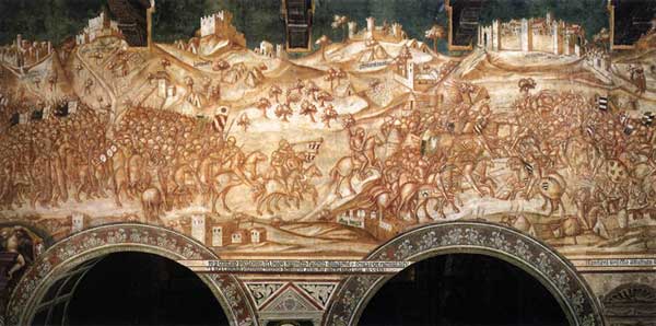Lippo Vanni : La victoire de l’armée siennoise à Val di Chiana en 1363. Vers 1364. Fresque. Sienne, Palazzo Publico