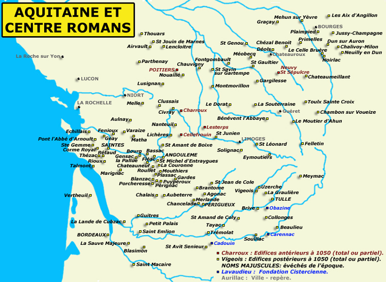 Carte de l’Aquitaine et du Centre de la France romans