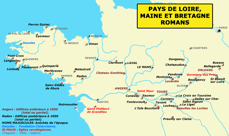 Carte du Pays de la Loire, du Maine et de la Bretagne romans