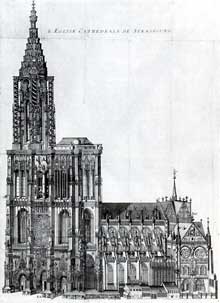 Strasbourg, gravure de la cathédrale d’Isaac Brunn, 1615. La cathédrale sera jusqu’au siècle dernier le plus haut édifice de la chrétienté