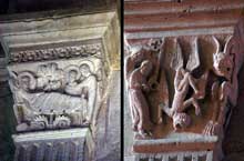 Autun, cathédrale saint Lazare : chapiteau de la nef : La nativité (1er pilier bas-côté gauche) et la chute de Simon le Magicien (2è pilier de droite)