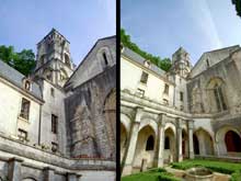 Brantôme (Dordogne) : l’abbaye bénédictine. Vue sur le clocher roman, fin XIè