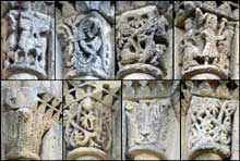 Echillais (Charente Maritime) : église Sainte Marie. Façade : la « Grand’goule », chapiteau de l’ébrasement nord du portail central
