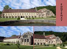 Fontenay en Côte d’Or : l’abbaye cistercienne : vue générale du coté est : de gauche à droite : scriptorium, salle capitulaire et abside de l’abbatiale