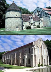 Fontenay en Côte d’Or : l’abbaye cistercienne : la forge (en bas), le pigeonnier et la façade occidentale de l’abbatiale (en haut)
