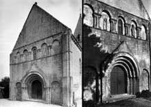 Meuvaines (Calvados) : église saint Manvieu. La façade occidentale avec au registre supérieur les statues de saint Pierre et d’un Evêque