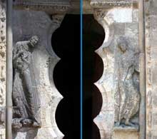 Moissac, abbaye saint Pierre : le portail du porche sud. Les piédroits : à gauche, saint Pierre ; à droite, saint Paul
