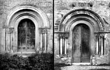Montsaunès (Haute Garonne) : église saint Christophe des Templiers. Le portail nord (à gauche) et le portail sud (à droite)