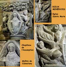 Rieux Minervois (Aude) : église sainte Marie. Le chapiteau de l’assomption, sans doute de la main du « Maître de Cabestany »