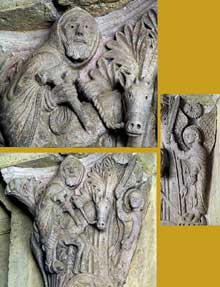 Saulieu (Cote d’Or), saint Andoche : chapiteau historié de la nef : l’ânesse de Balaam. Ensemble et détail