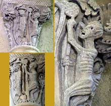 Saulieu (Cote d’Or), saint Andoche : chapiteau historié de la nef : la pendaison de Judas. Ensemble et détail