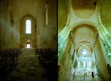 Saint Amand de Coly (Dordogne) : église abbatiale. La nef : vue vers l’ouest depuis la croisée (à gauche) et vue vers le chœur depuis la croisée (à droite)