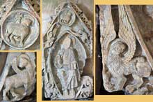 Saint Menoux (Allier) : l’abbatiale. Fragments d’un tympan déposé dans le narthex