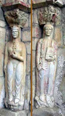 Valcabrère (Haute Garonne) : basilique saint Just : portail nord, ébrasement ouest : sainte Hélène (à gauche) et saint Pasteur