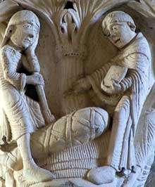 Vézelay (Yonne), basilique sainte Madeleine : chapiteaux du narthex. Saint Benoît ressuscite un enfant