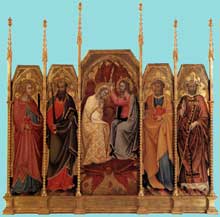 Andrea di Bartolo : Couronnement de la Vierge. Vers 1410. Panneau de bois, 160 x 65 cm (centre), 142 x 36 cm (chaque panneau latéral). Milan, Pinacothèque de la Brera