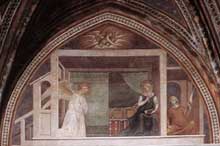 Barna da Siena : Fresques du Nouveau Testament de la collégiale de San Gimignano, achevées par Lippo Memmi. 1340. Détail : l’annonciation
