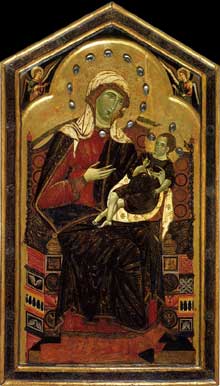 Dietisalvi de Speme : Madone avec anges. Après 1262. Tempera sur panneau de bois, 120 x 70 cm. Sienne, Pinacothèque Nationale