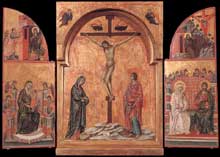 Duccio : Triptyque. 1305-1308. Panneau, 44,9 x 31,4 cm (centre) ; 44,8 x 16,9 cm (chaque volet). Windsor, Royal Collection