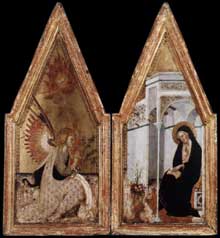 Bartolo di Fredi : l’Annonciation. Vers 1383. Tempera sur panneau, 70 x 32 cm. Budapest, Musée des Beaux Arts