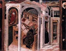 Giovanni di Paolo : Saint Jérôme apparaît à saint Augustin. Vers 1456. Panneau de peuplier, 37 x 40 cm. Berlin,Staatliche Museen