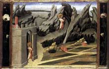 Giovanni di Paolo : Saint Jean Baptiste se retire dans le désert. 1454. Tempera sur peuplier, 31 x 39 cm. Londres, National Gallery
