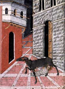 Giovanni di Paolo : saint Etienne nourri par une chèvre. 1450. Tempera sur bois. Sienne, San Stefano alla Lizza