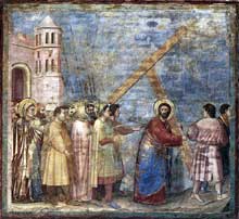 Giotto : Scènes de la vie du Christ : la montée au calvaire. 1304-1306. Fresque, 200 x 185 cm. Padoue : la chapelle Scrovegni ou chapelle de l’Arena