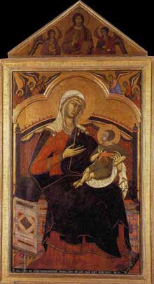 Guido di Sienna : « Maestà », vierge en gloire trônant avec le Christ enfant. 1270s. Tempera sur panneau de bois, 283 x 194 cm. Sienne, San Domenico