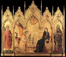 Lippo Memmi : L’annonciation et deux saints. 1333. Tempera sur bois, 184 x 210 cm. Florence, les Offices