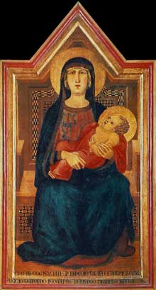 Ambrogio Lorenzetti : Madone de Vico l’Abate. 1319. Tempera sur bois, 148,5 x 78 cm. Florence, San Casciano in Val di Pesa, Museo di Arte Sacra