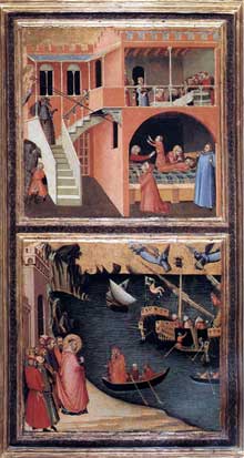 Ambrogio Lorenzetti : Scènes de la vie de Saint Nicolas. Vers 1332. Tempera sur bois, 92 x 52,4 cm. Florence, les Offices