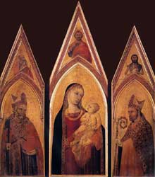 Ambrogio Lorenzetti : Retable de Saint Proculus. 1332. Tempera sur bois, 167 x 56 cm. (Panneau central), 145 x 43 cm. (Panneau latéral). Florence, les Offices