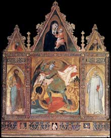 Ambrogio Lorenzetti : Saint Michel. 1330-1335. Tempera sur bois, 110,5 x 94,5 cm. Asciano, Museo d’Arte Sacra