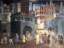 Ambrogio Lorenzetti : Les effets du bon gouvernement sur la vie de la cité (détail). 1338-1340.Fresque. Sienne, Palais Public