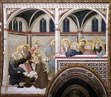 Pietro Lorenzetti : Le lavement des pieds. Vers 1320. Fresque. Assise, église inférieure saint François, transept sud