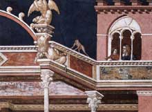 Pietro Lorenzetti : La flagellation du Christ, détail. Vers 1320. Fresque. Assise, église inférieure saint François, transept sud