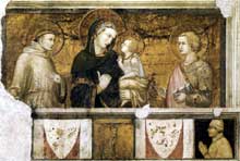 Pietro Lorenzetti : Madone avec saint François et saint Jean l’Evangéliste. Vers 1320. Fresque. Assise, église inférieure saint François, transept sud