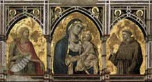 Pietro Lorenzetti : Madone et enfant avec saint Jean Baptiste et saint François. Vers 1320. Fresque. Assise, église inférieure saint François, transept sud