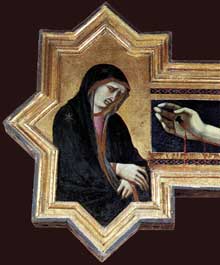 Pietro Lorenzetti : Crucifix, détail : la vierge. Vers 1320. Panneau de bois, 380 x 274 cm. Cortone, Musée diocésain
