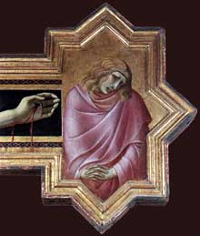 Pietro Lorenzetti : Crucifix, détail : saint Jean. Vers 1320. Panneau de bois, 380 x 274 cm. Cortone, Musée diocésain