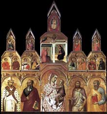 Pietro Lorenzetti : Madone et enfant avec saints et annonciation. 1320. Tempera sur bois. Arezzo, Pieve di Santa Maria