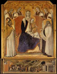 Pietro Lorenzetti : Madone avec anges entre saint Nicolas et le prophète Elisée. 1328-1329. Tempera sur bois, 169 x 148 cm. Sienne, Pinacothèque Nationale